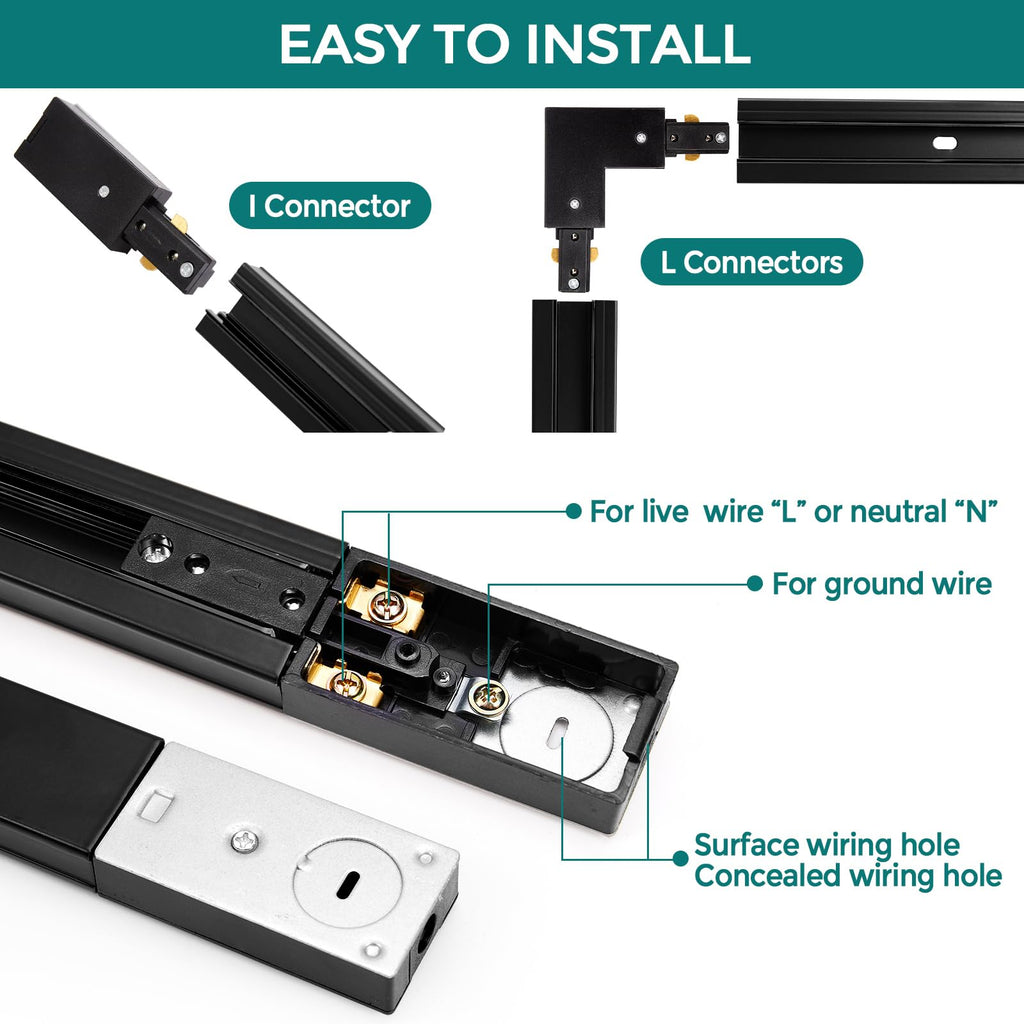 H Track Lighting Rails Kit - 26ft Black Track Light Track 3 Wire with Floating Canopy Connector, I and L Connectors