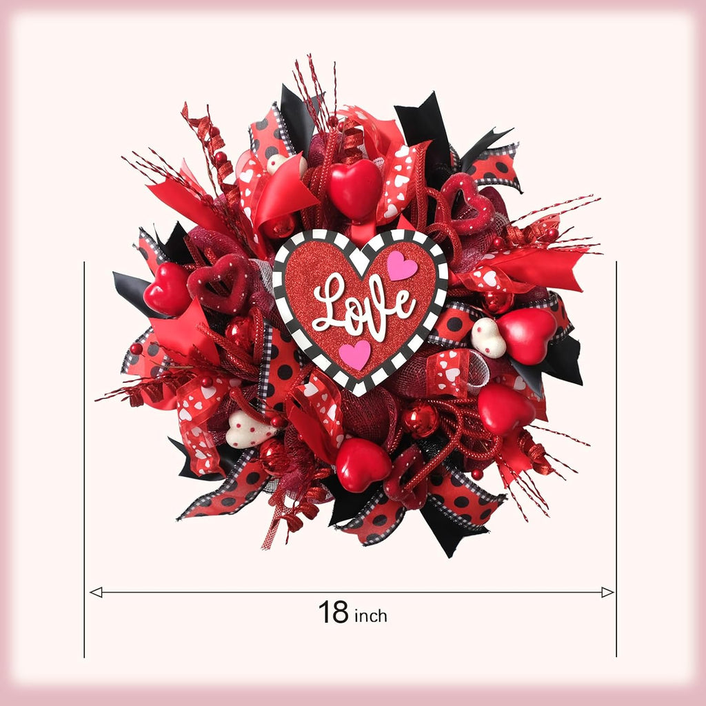 18 Inch Valentines Mesh Wreath for Front Door Artificial Red Rose Heart Valentines Day Decoration Wreath with Love