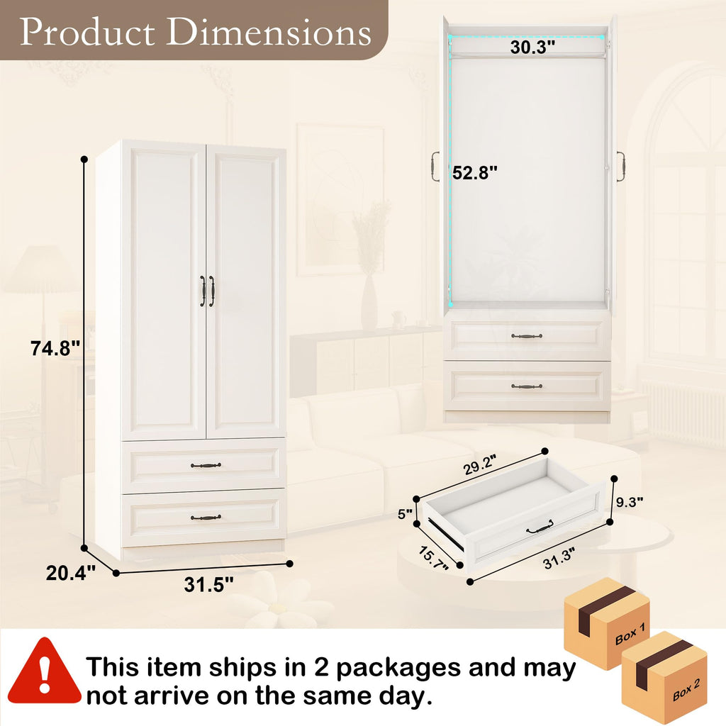 White Armoire Wardrobe Closet with 4 Drawers, 75" Tall x 63" Wide