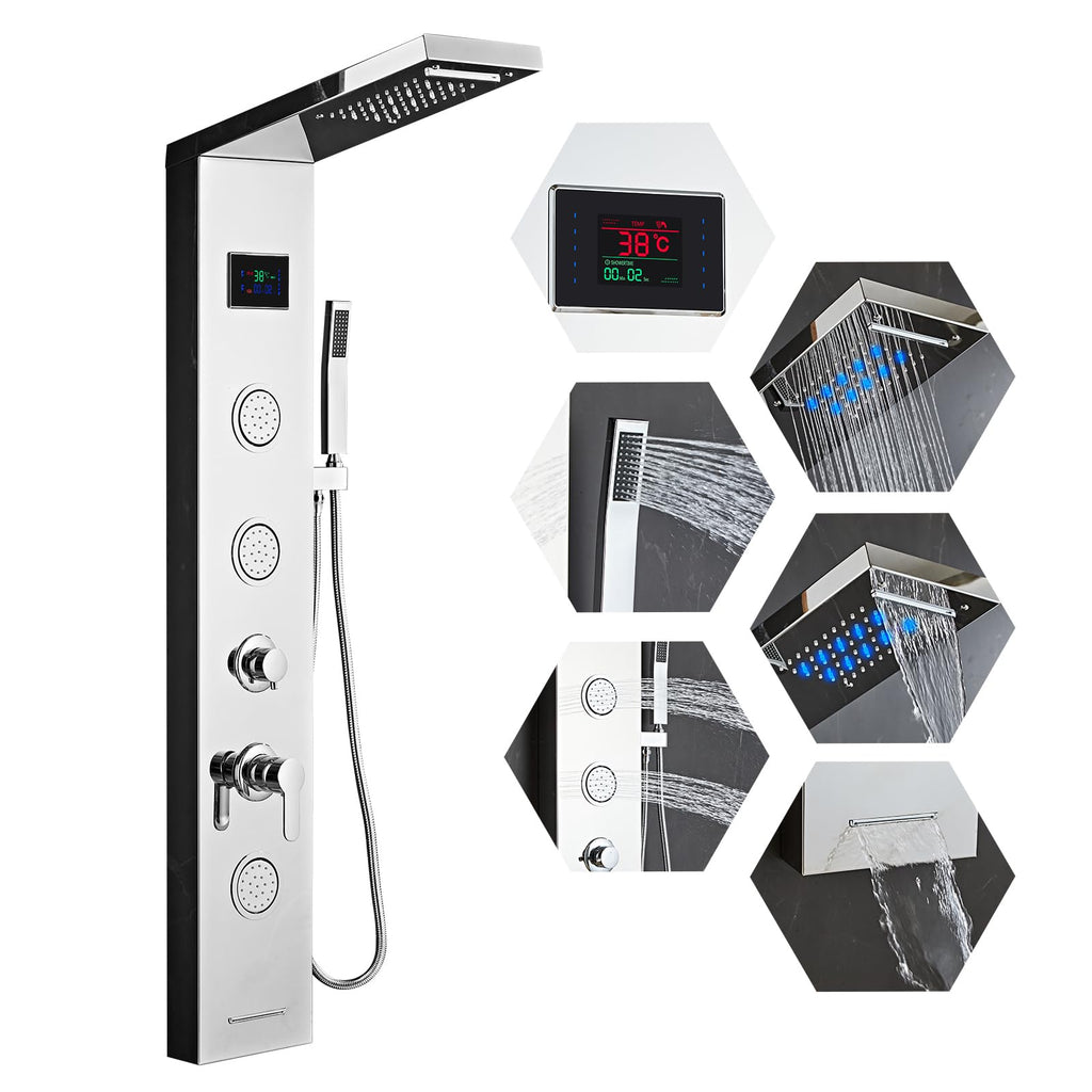 Shower Panel Tower System,Rain Shower Head Rainfall silver-LED