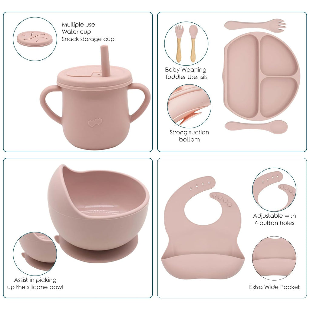 100% Silicone Baby Feeding Set,BPA Free Baby Dishes Set with Suction Bowl Divided Plate,Toddler Self Feeding Dish Set