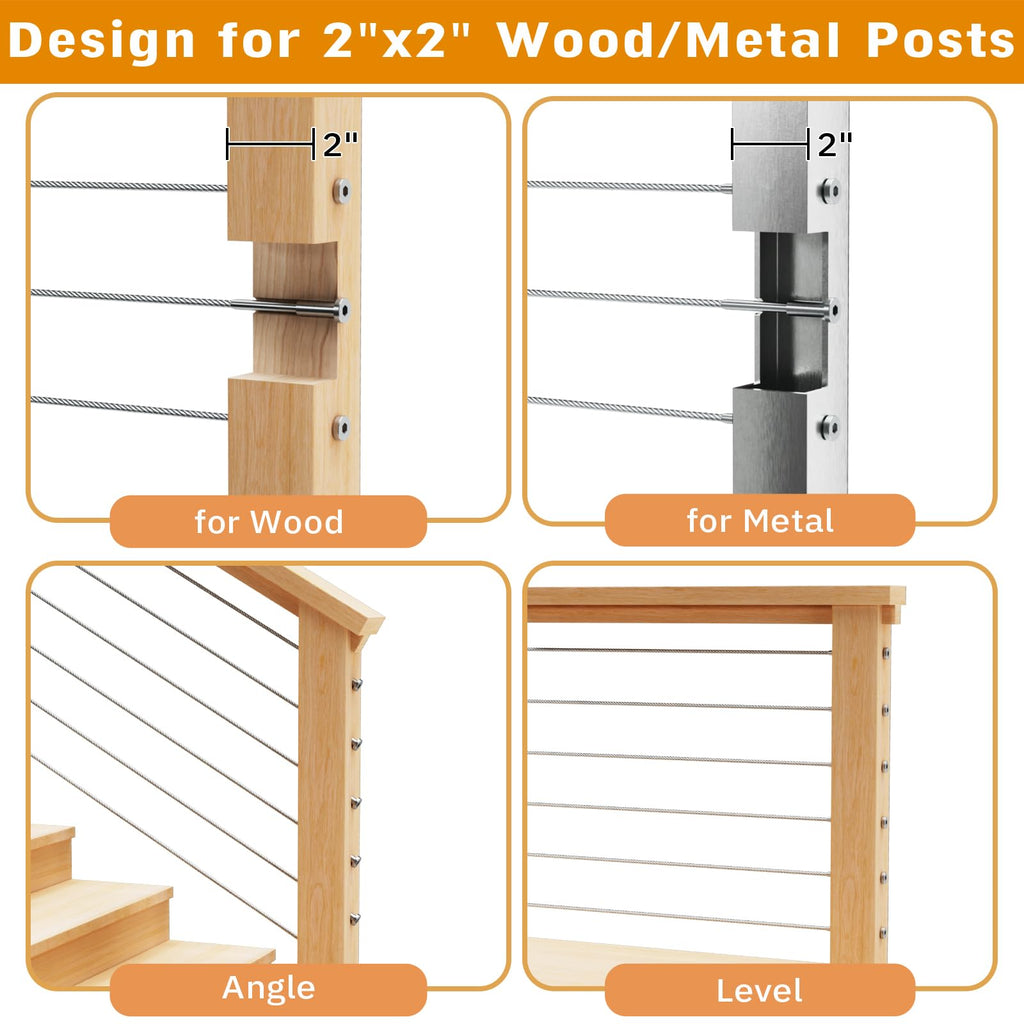 Invisible Cable Railing Kit - 50 Pack 1/8" T316 Stainless Steel Invisible Receiver Swage Stud End for 2"x2" Wood