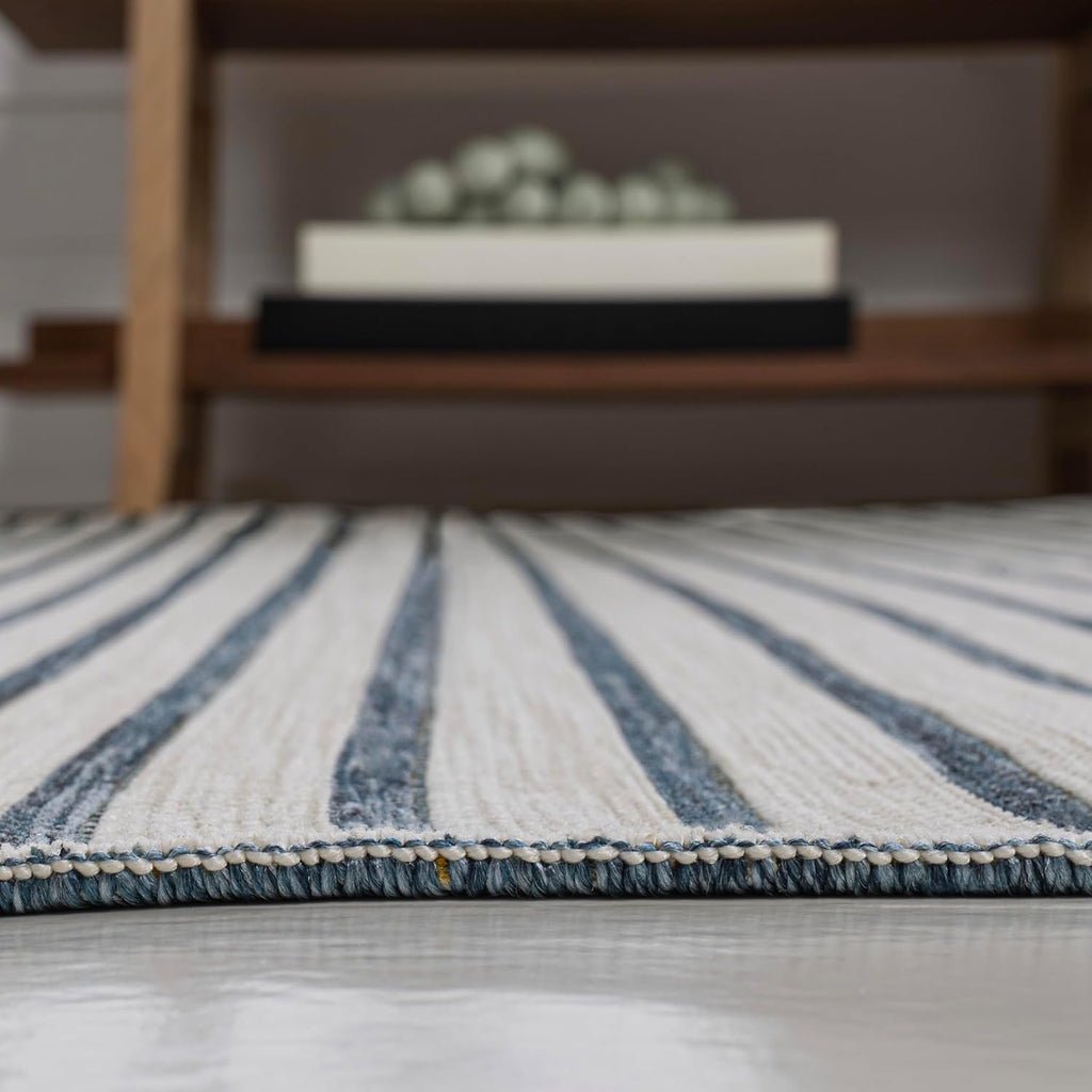 Pinstripe Reversible Washable Indoor Outdoor Area Rug Navy/Cream, Damon Classic Coastal for Backyard, Patio