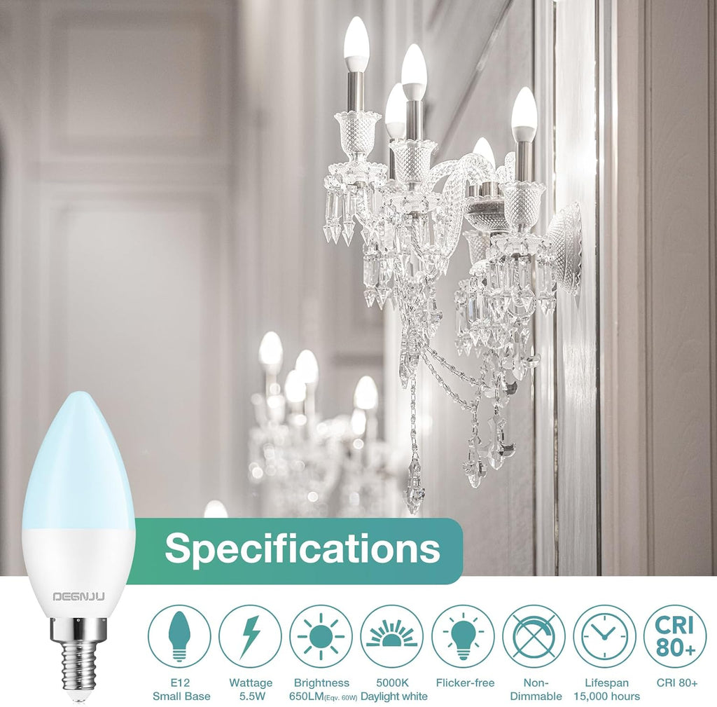 20 Pack Chandelier Light Bulbs 60 Watt Equivalent, Candelabra LED Light Bulbs, E12 LED Bulb Daylight 5000K, Type b