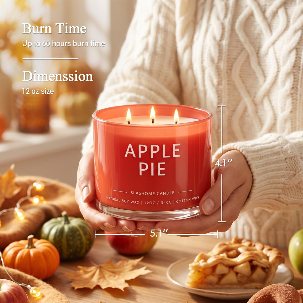 Apple Pie Scented Candle, 12 Oz 3-Wick Soy Wax Fall Home Decor