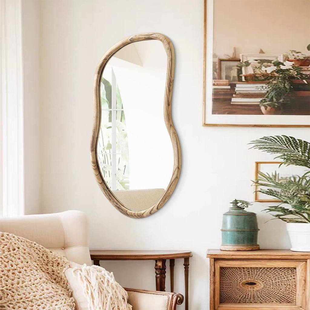 Irregular Wall Mirror Wood Asymmetrical Mirror Large Bathroom Vanity Mirrors Natural Wood Framed Abstract Mirrors for