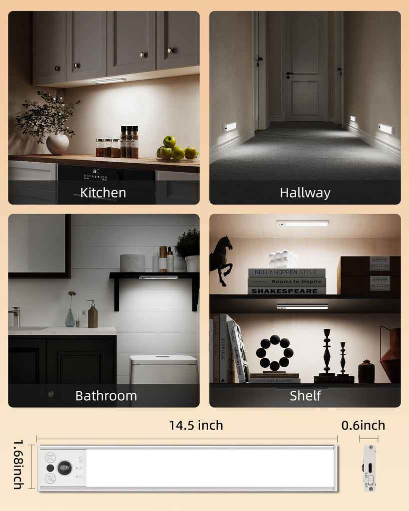 14.5inch Under Cabinet Lighting, 2 Pack 3500mAh Rechargeable Wireless Motion Sensor Lights Indoor, Dimmable Magnetic