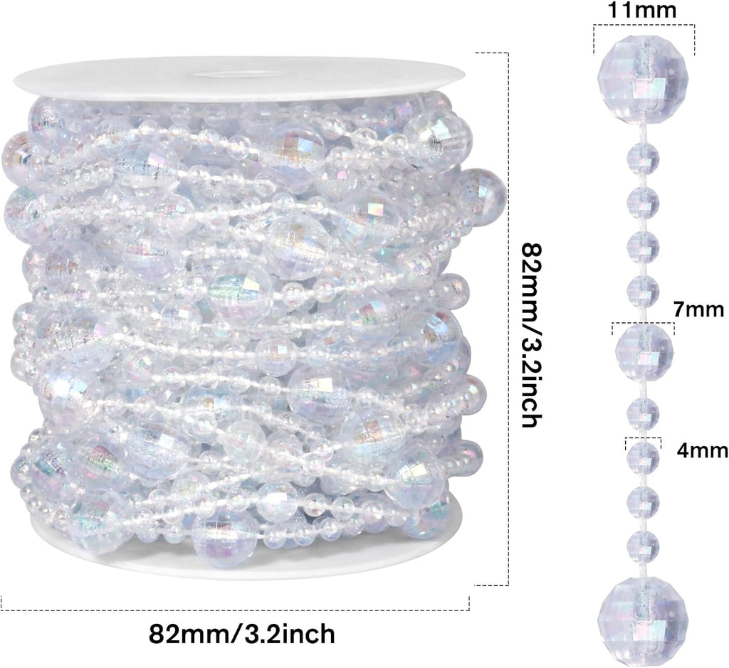 33FT Crystal Bead Garland Iridescent Beaded Garland for Decoration Crafts - 11+7+4MM Diamond-Cut Round Acrylic Beads