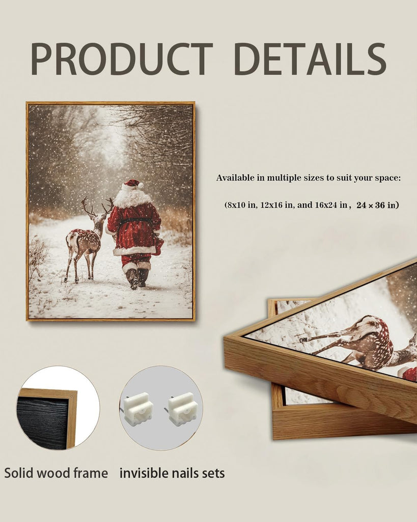 Vintage Christmas Santa Deer Framed Wall Art Snowy Forest Canvas Art