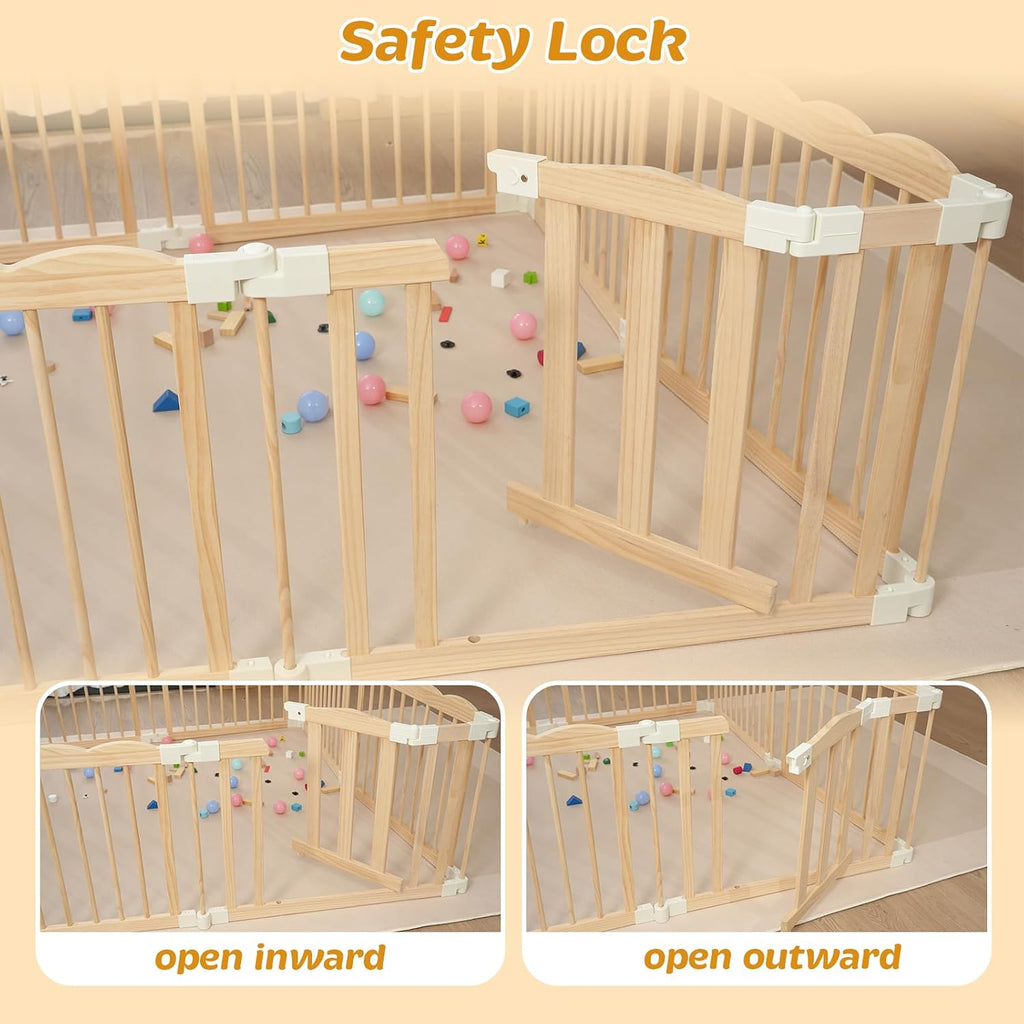 Wooden Baby Playpen 69x69 Inch Foldable Toddler Fence with Safety Lock | Extra Large Natural Wood Foldable Baby