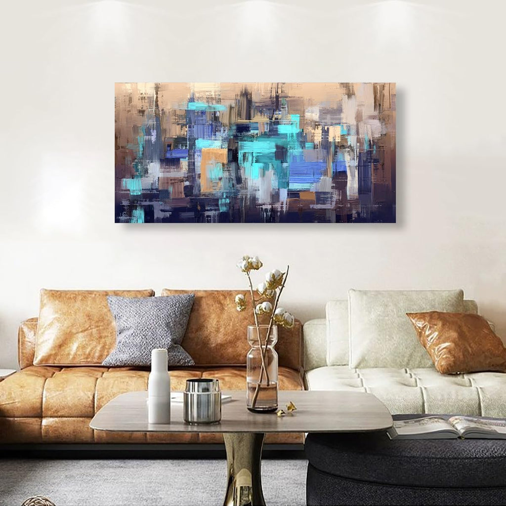 Abstract City Skyline Canvas Wall Art 40x20 Inches Framed Teal Blue Brown Cityscape Wall Decor Wood Frame Waterproof