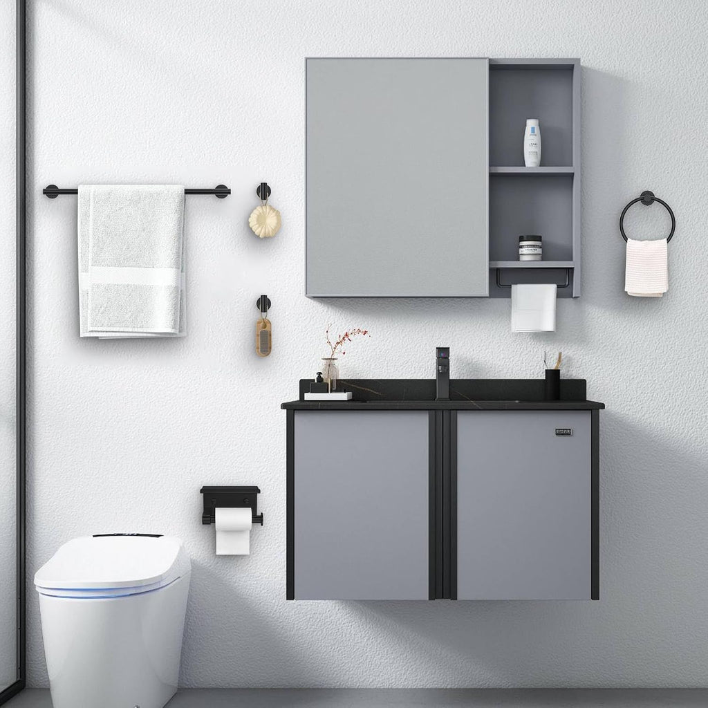 Matte Black Towel Bar Set 5 Pieces Bathroom Hardware Accessories Set Round Towel Holder Set Upgraded Toilet Paper