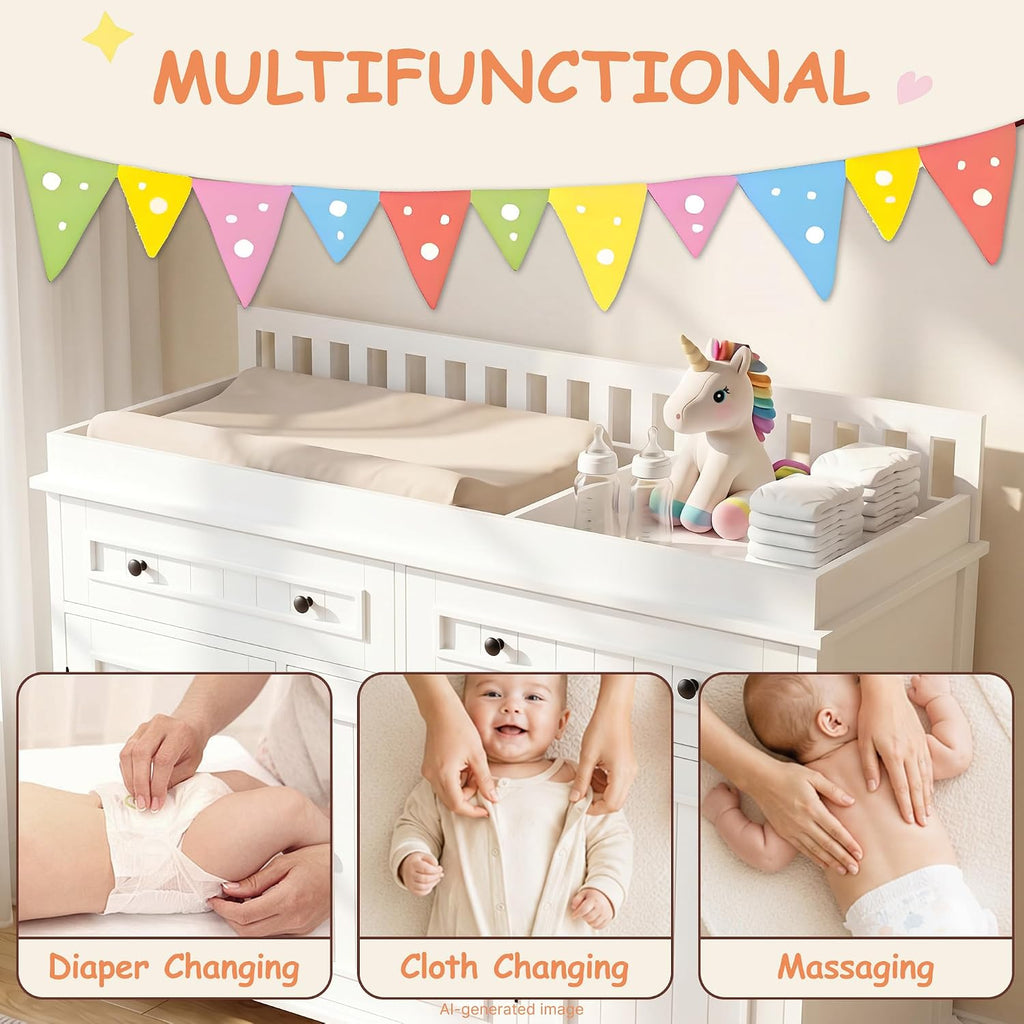 Large Nursery Dresser with Drawers, 47'' White Baby Diaper Changing Table | Wood Changing Station for Infants