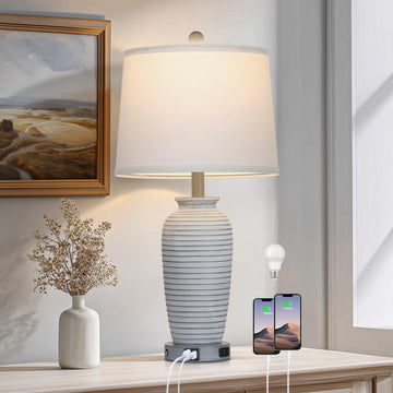 25" Vintage Farmhouse Jar Table Lamps, Single Rustic Bedside Lamp with USB A+C Ports & AC Outlet, Nightstand Lamps