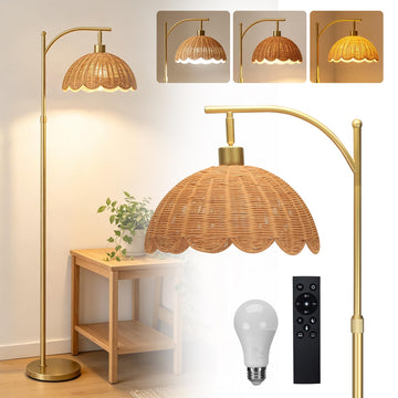 Arc Floor Lamp, Gold Boho Floor Lamp with Hand-Woven Rattan Flower Shade, Farmhouse Standing Lamp with Remote & 3