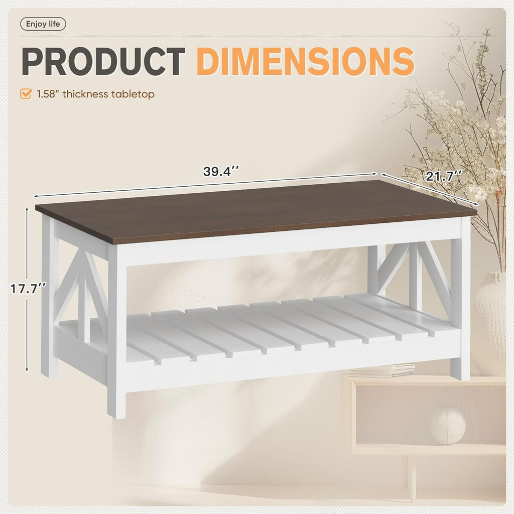 Farmhouse Coffee Table with Storage, Brown and White