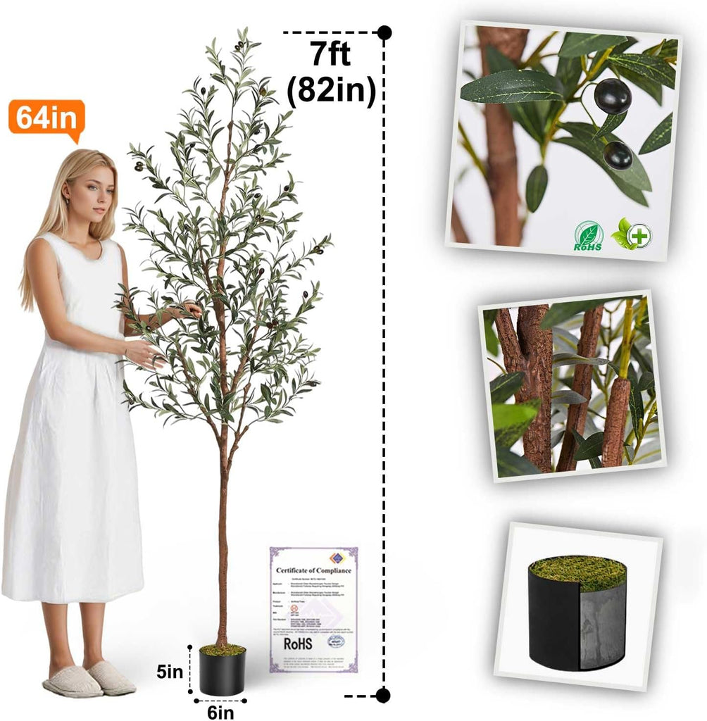 7ft Artificial Olive Tree Decor, 7 Feet Large Faux Plant Fake Skinny Silk Trees with Black Olivo Outdoor House Living