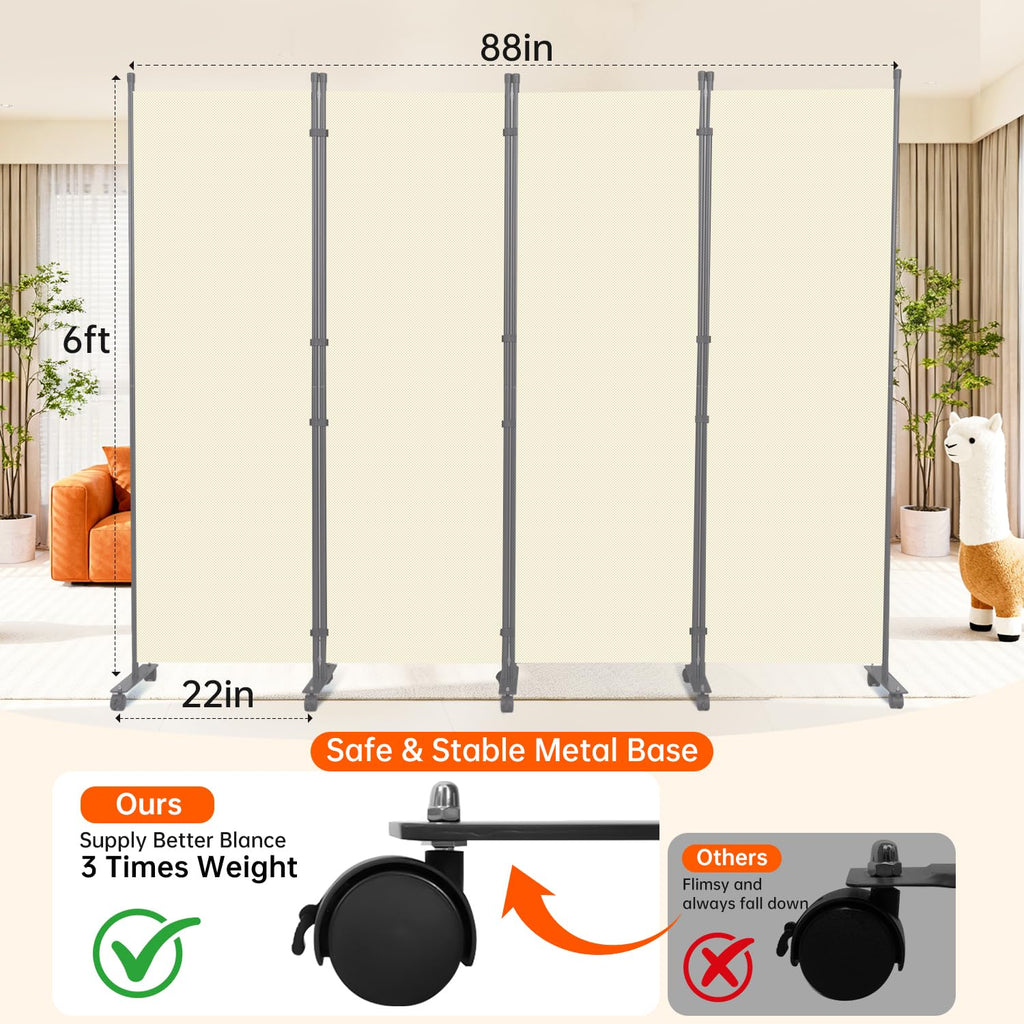 88" W 4 Panel Room Divider, Portable Privacy Screen W/Wheels Freestanding