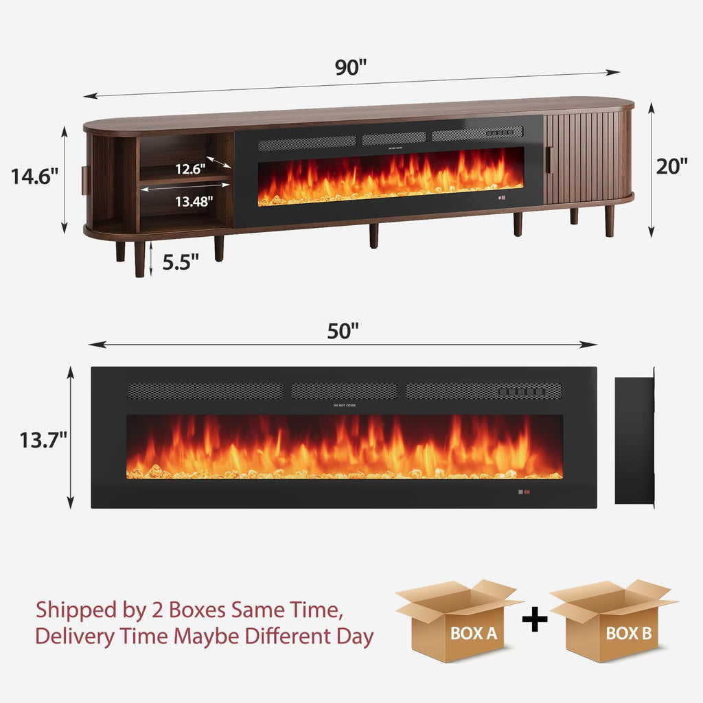 90" Mid Century Modern TV Stand with Fireplace, Fluted Fireplace TV Stand, Entertainment Center with Sliding Door, TV