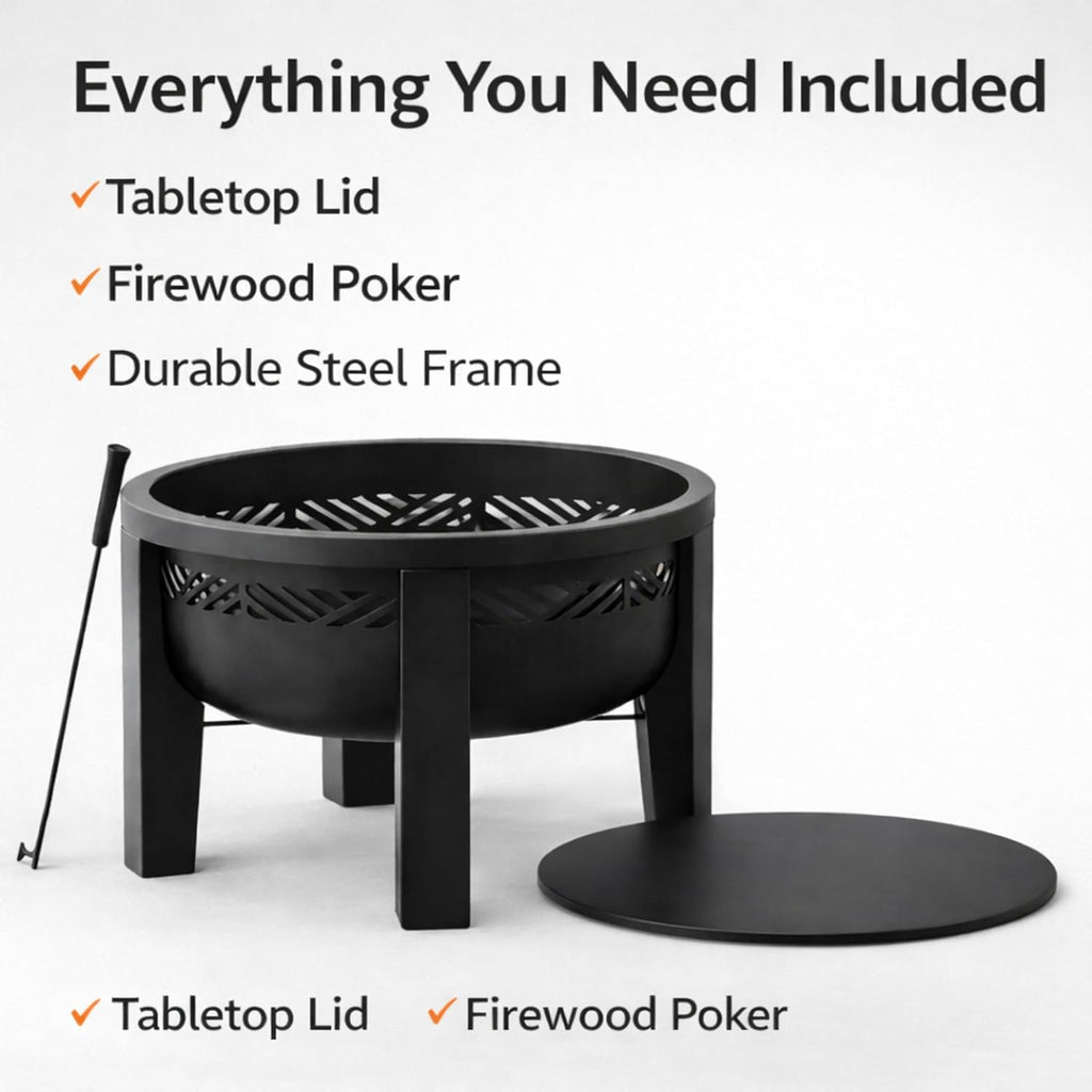 Fire Chief Wood Burning Fire Pit with Tabletop Lid - Modern Outdoor Metal Fire Pit