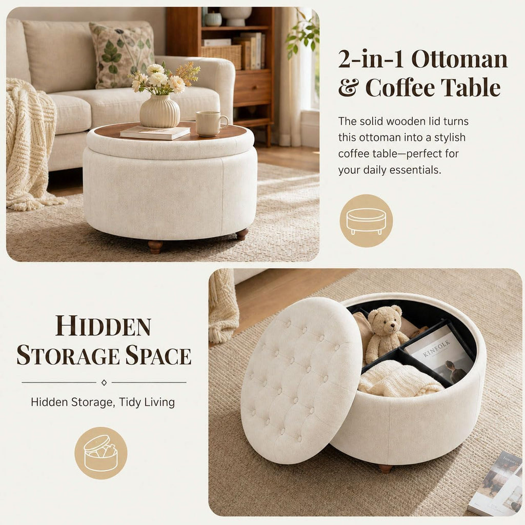 25" Round Ottoman with Storage, Small Coffee Table with Reversible Tray Lid | Tufted Fabric Round Storage Ottoman