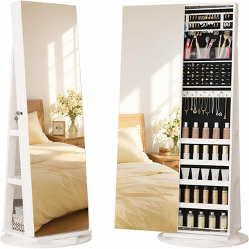 Standing Jewelry Cabinet with Sliding Full Length Mirror, White