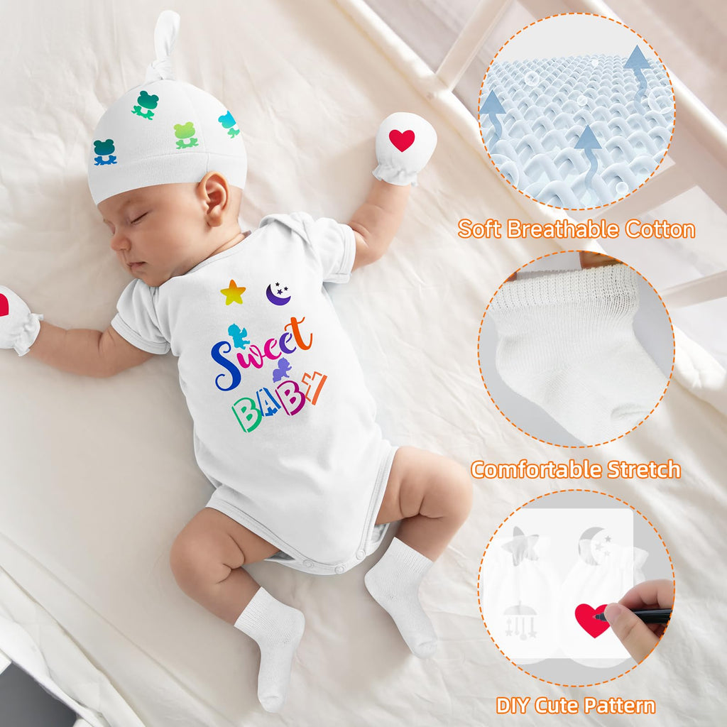 78PCS Baby Shower Set Baby Shower Game Sign Baby Bib Bodysuit White Baby Bib Newborn DIY Mittens Socks Hats(Flower)
