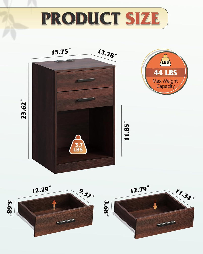 Nightstand Set of 2 with Charging Station, Wood Night Stand Sets with 2 Drawers and Open Shelf, Bed Side Tables
