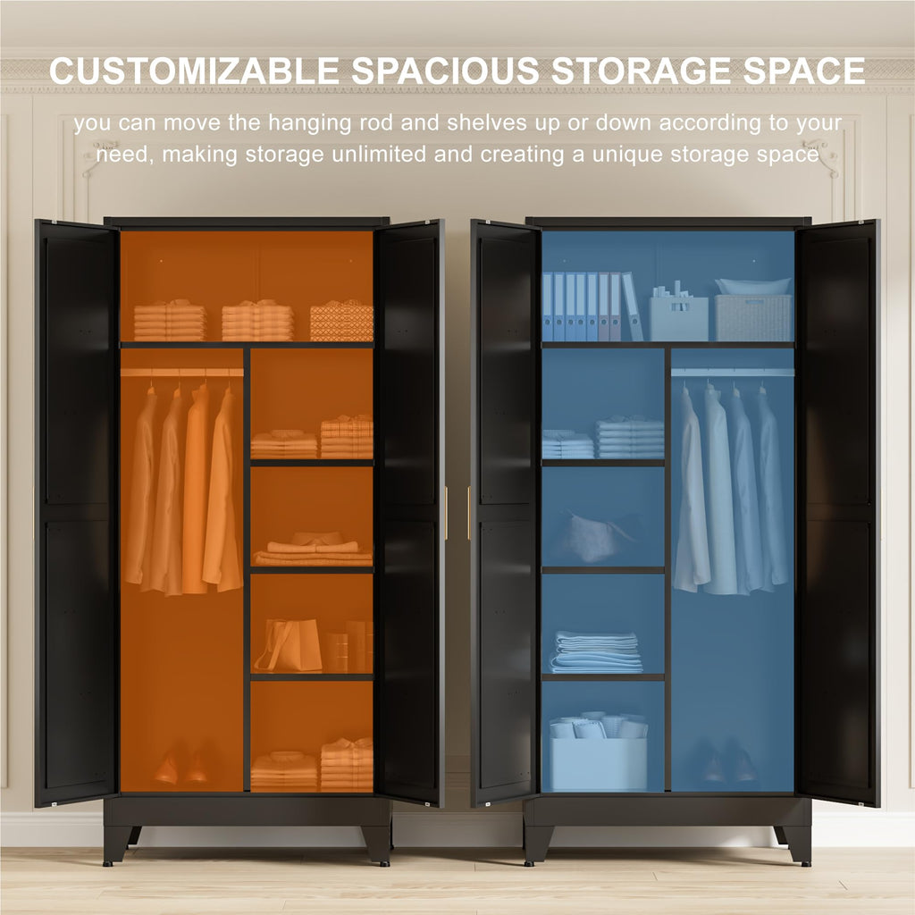 71" Tall Metal Wardrobe Closet with Adjustable Shelves and Hanging Rod, 2 Doors Office Storage Locker Cabinet