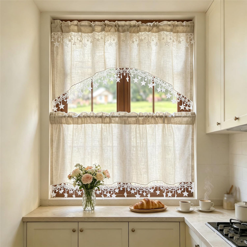 1 Panel Boho Style Beige Arched Linen Cafe Curtain Valance with Stars Trim