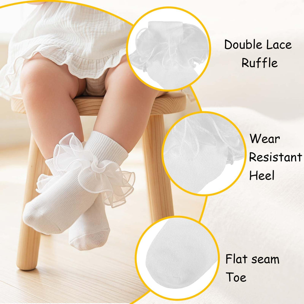 Girls Ruffle Socks 2-Layer Lace Frilly Turn Cuff Fancy Dress Socks