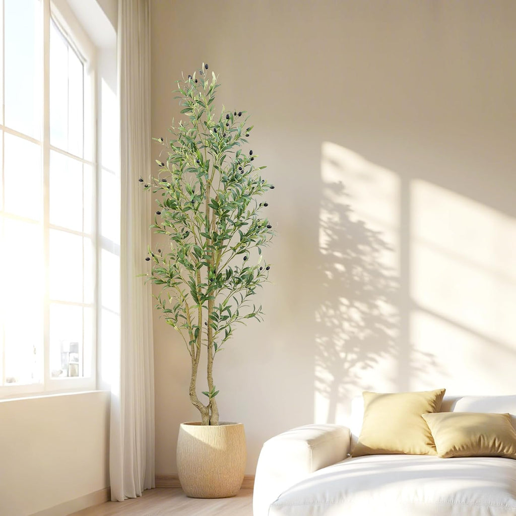 6ft Artificial Olive Tree Indoor, Fake Olive Tree with White Pot, Faux Olive Tree with Dense Leaves & Realistic