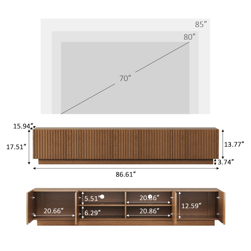 86.61" Mid Century TV Stand, Walnut Fluted Entertainment Center for 85" TV