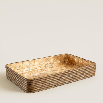 Innoq Square Decorative Ottoman Tray - 12 Inch Gold Capiz Shell & Rattan Serving Piece for Coffee Table Tray