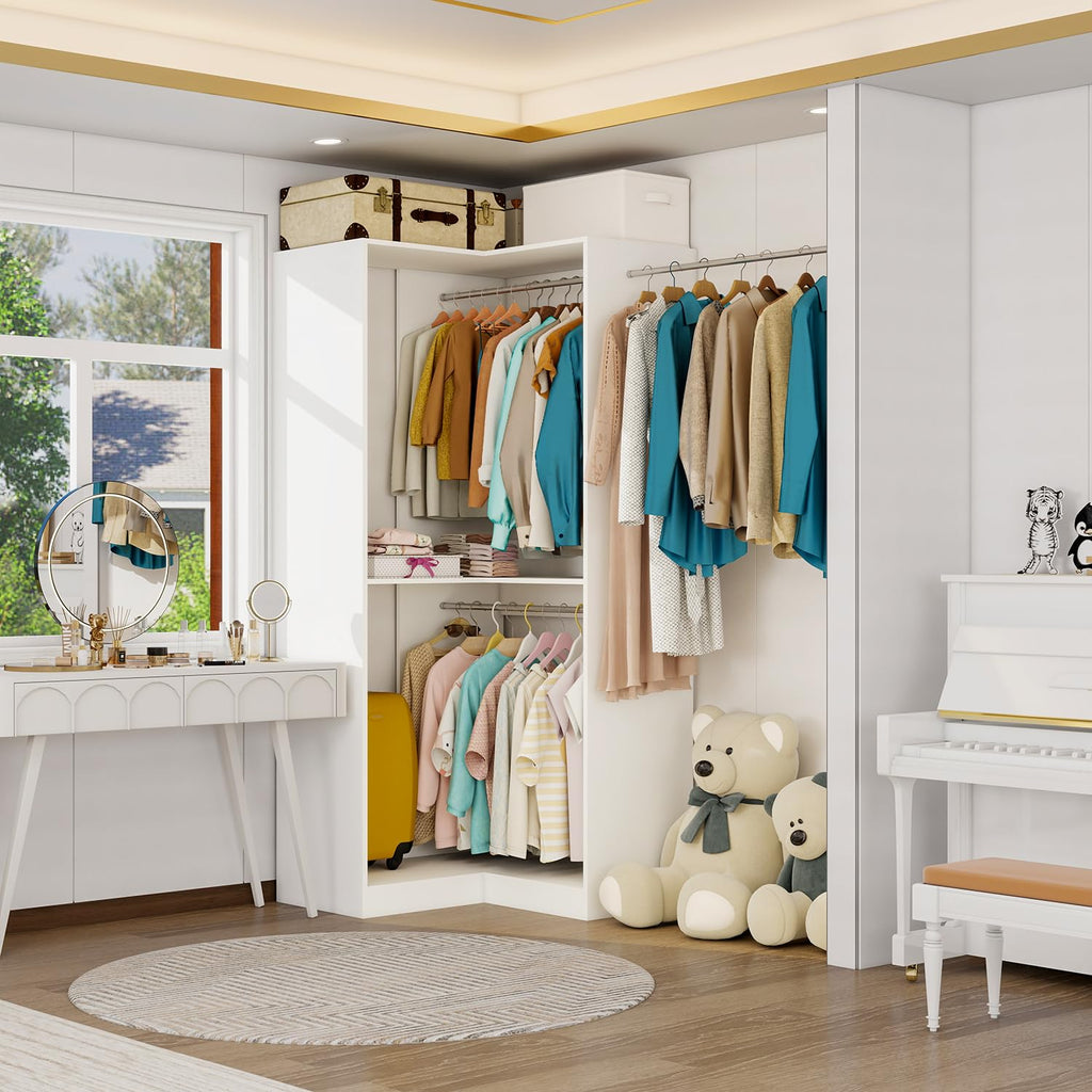 Corner Closet System with 3 Hanging Rods, 30.8"-70.2" L Shaped Freestanding Closet Organizer for Walkin Closet