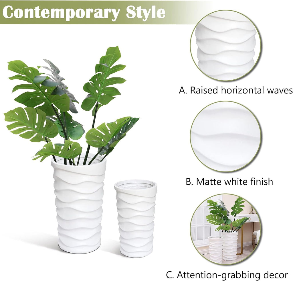 LuxenHome Tall Planters for Outdoor Plants, Set of 2 Garden White | With Drainage Hole and Rubber Plug, Modern White