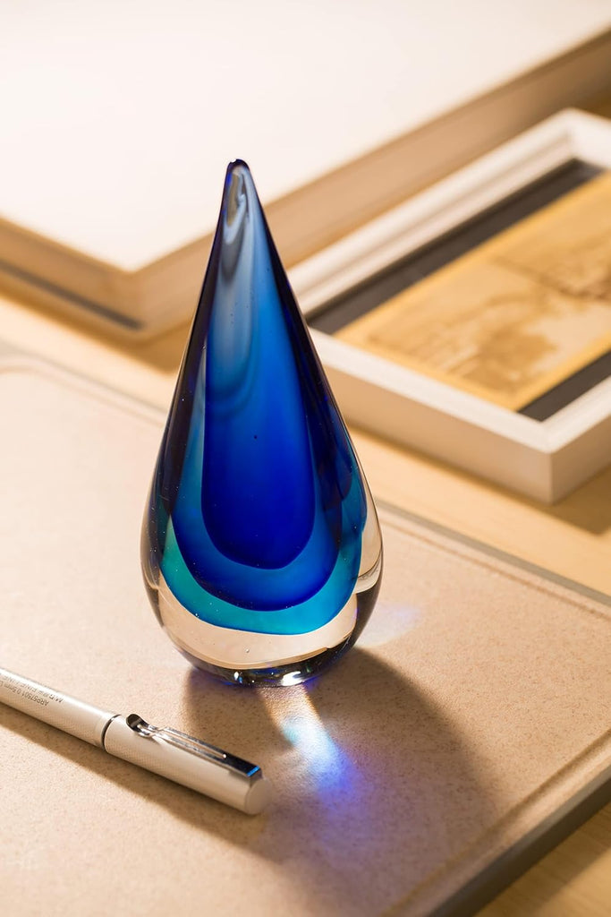 Glass Sculpture Hand-Blown Murano-Style Glass Statue and Figurine, Blue Teardrop Decor