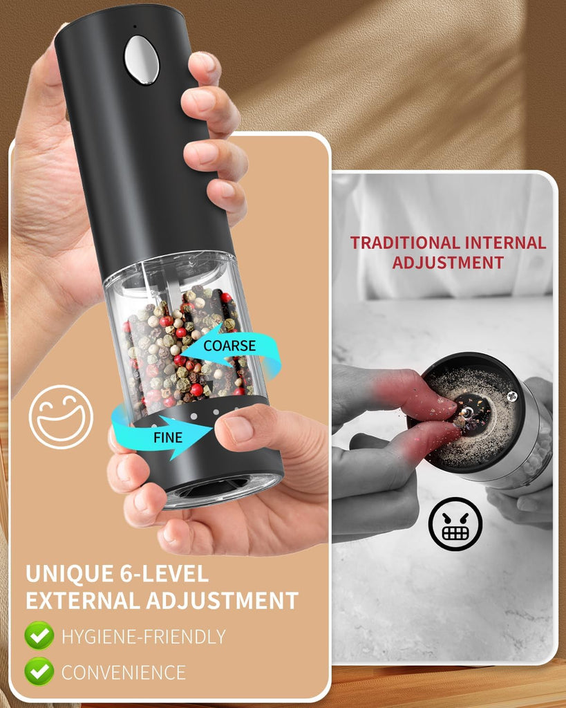 Electric Salt and Pepper Grinder Set Rechargeable Salt and Pepper Mills with 6-Level External Adjustable Coarseness - Set of 2