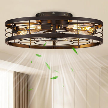 23.6'' Caged Ceiling Fan with Light and Remote,Rustic Low Profile Ceiling Fan with Light Flush Mount, Farmhouse