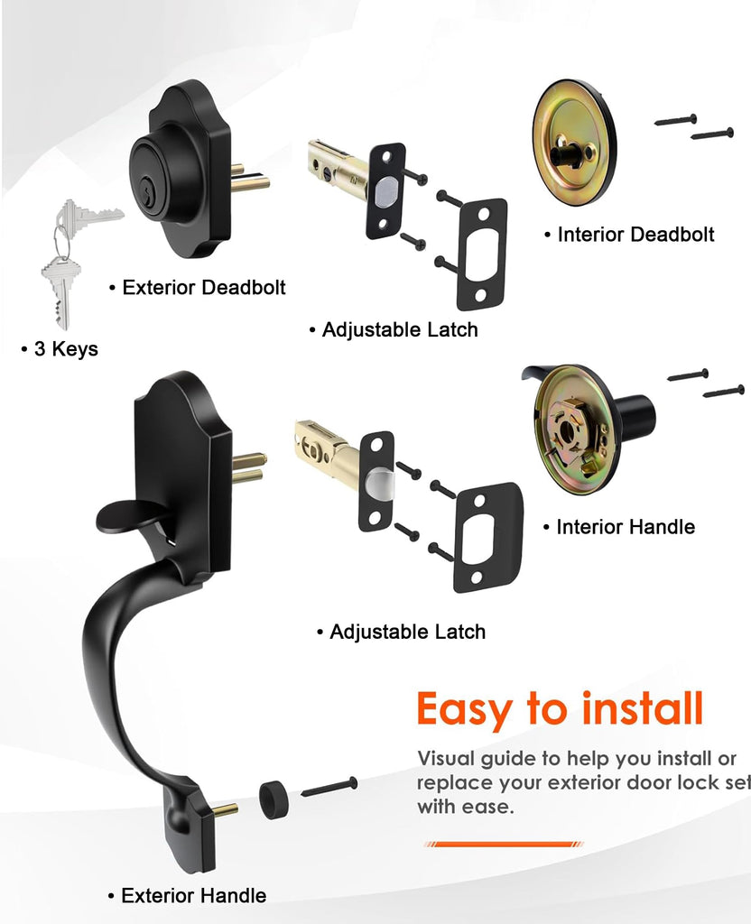 Matte Black Front Door Handle and Deadbolt Set, Front Door Lock Set