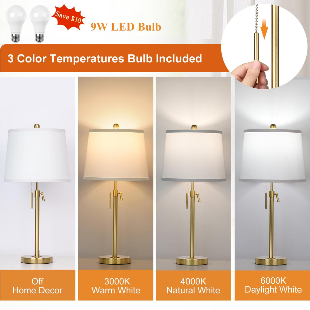 2 Pack 22"-30" Adjustable Height Table Lamps Set, Modern Gold Table Lamps with White Shade 3 Colour Temperature Pull