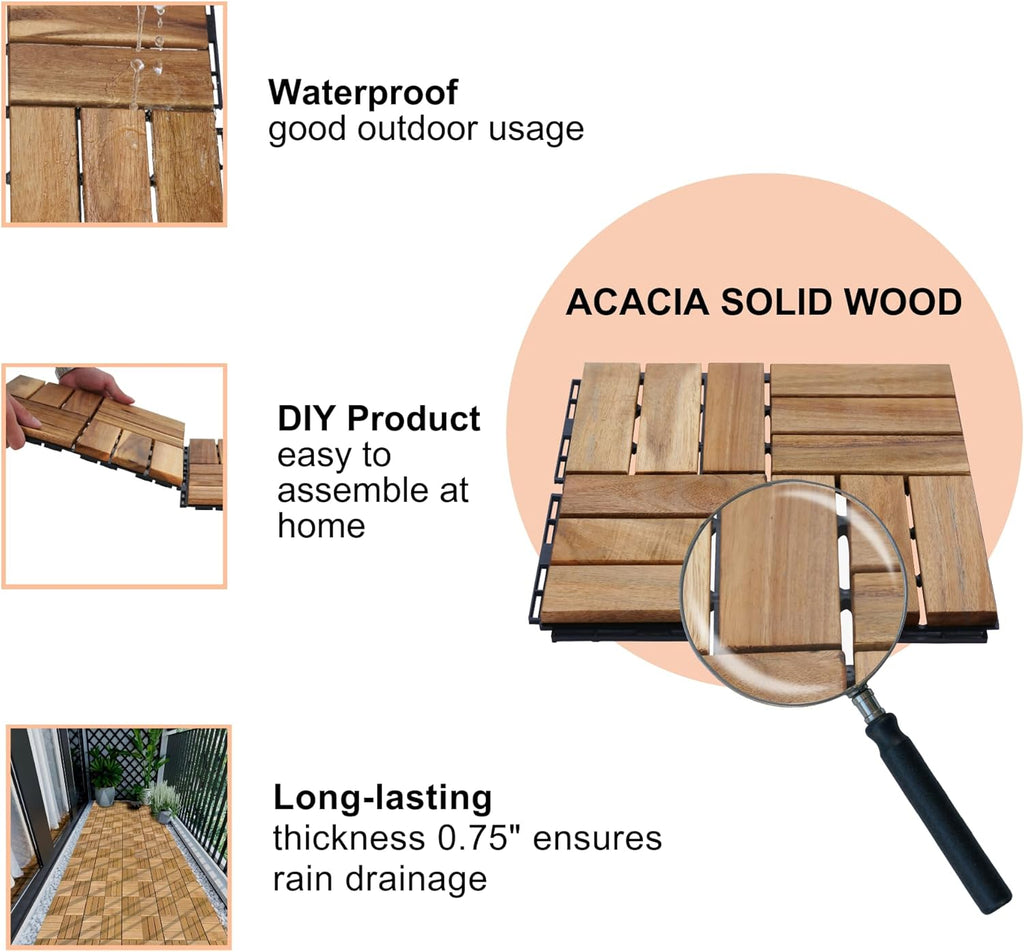 12" x 12" Square Wood Interlocking Flooring Tiles, Pack of 10 Tiles, 10 PCS Interlocking Deck Tiles, Acacia Hardwood