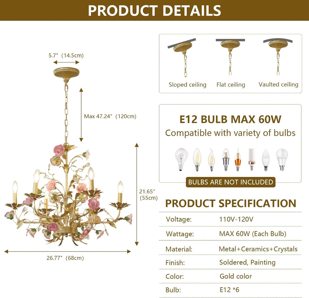 Gold Wrought Iron Floral Chandelier with Pink Ceramic Roses & Crystals, 6-Light French Country Candle Fixture
