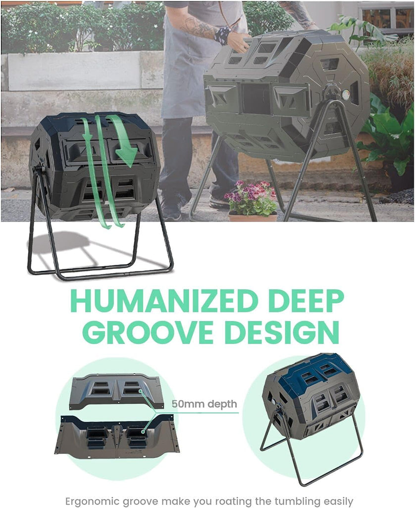 43 Gallon Dual Chamber Tumbling Composter with Integrated Thermometer - Rotatable Outdoor Compost Bin, Dual Batch