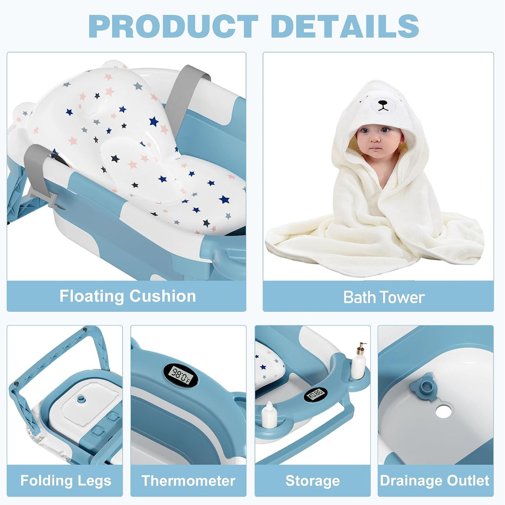 Collapsible Baby Bathtub for Newborn with Thermometer & 1 Hooded Towel & 1 Soft Floating Cushion,Portable Travel