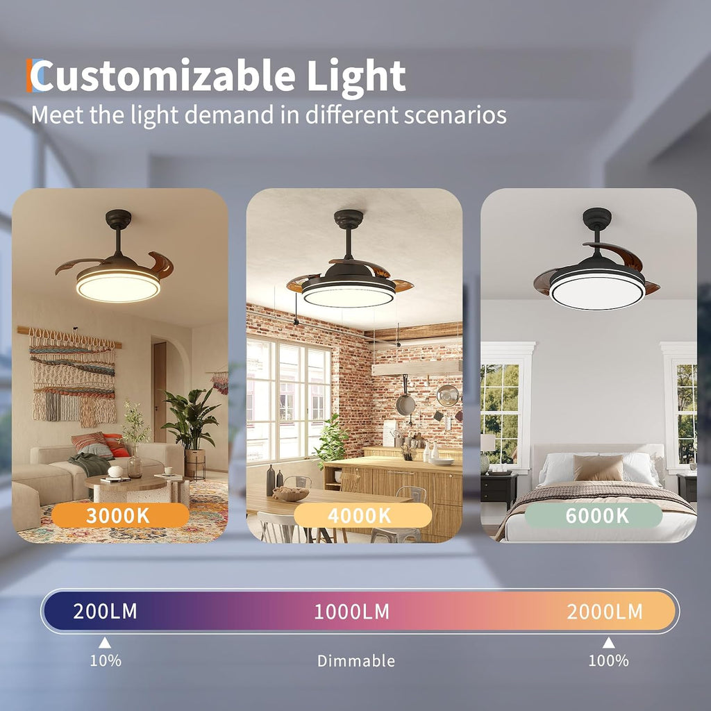 42 Inch Retractable Ceiling Fan with Lights and Remote Control - Invisible Blades Low Profile Ceiling Fan with 36W