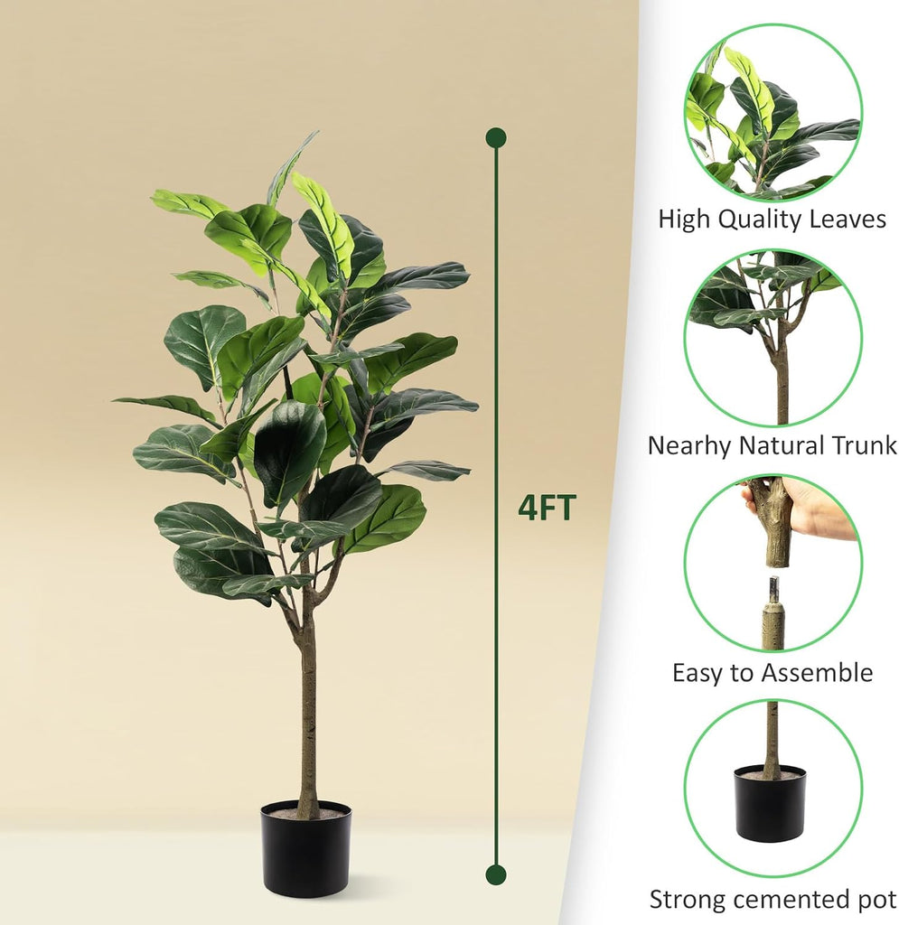 Artificial Fiddle Leaf Fig Tree, 4FT Faux Ficus Lyrata Plant Tall Fake Tree Decor Artificial Tree Office Living Room