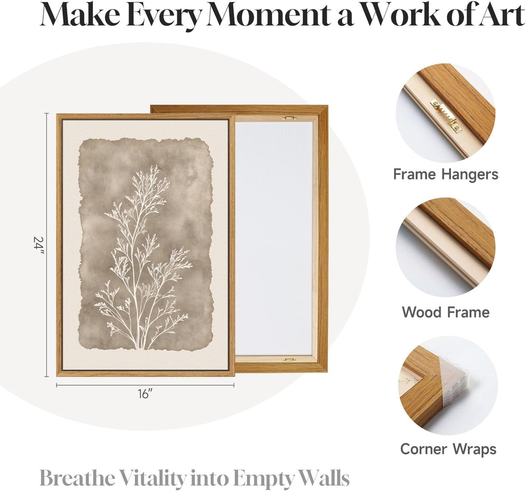 3 Piece Framed Neutral Botanical Wall Art Set, Large Farmhouse Floral Canvas Prints Paintings, Minimalist Wildflower