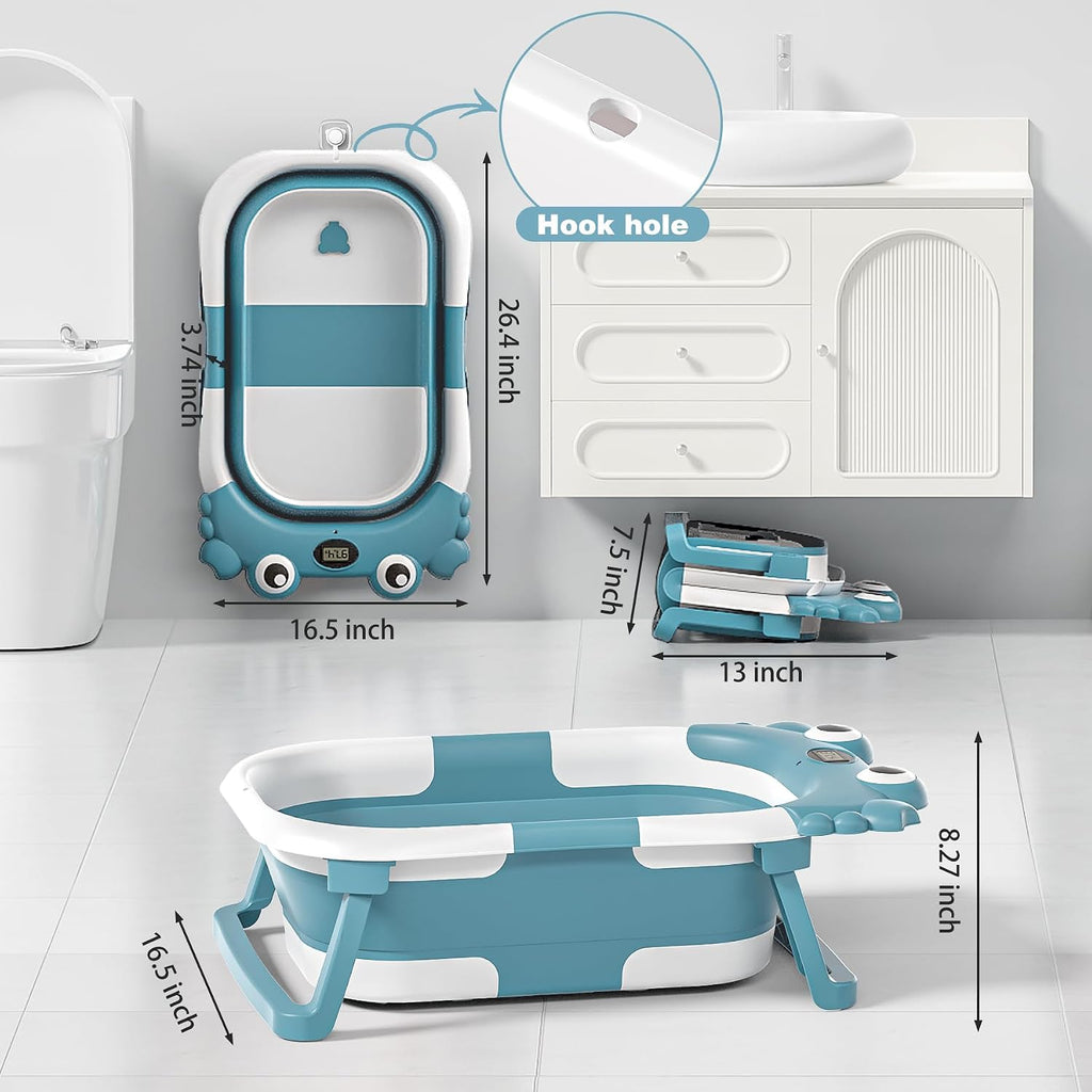 Collapsible Baby Bathtub for Newborns with Thermometer and Soft Floating Cushion Portable and Foldable Travel Baby