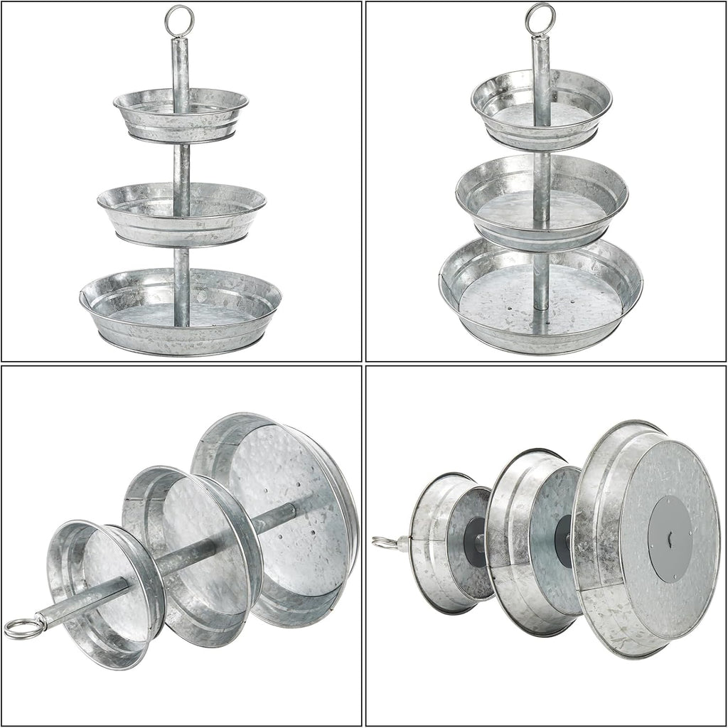 3 Tier Serving Tray, Galvanized Metal Cupcake Stand Vintage Dessert Appetizer Stand, Rustic Home and Garden Display